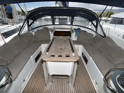 Cockpit of Agamemnon, a Bavaria Cruiser 56 sailboat at Kavala, Greece
