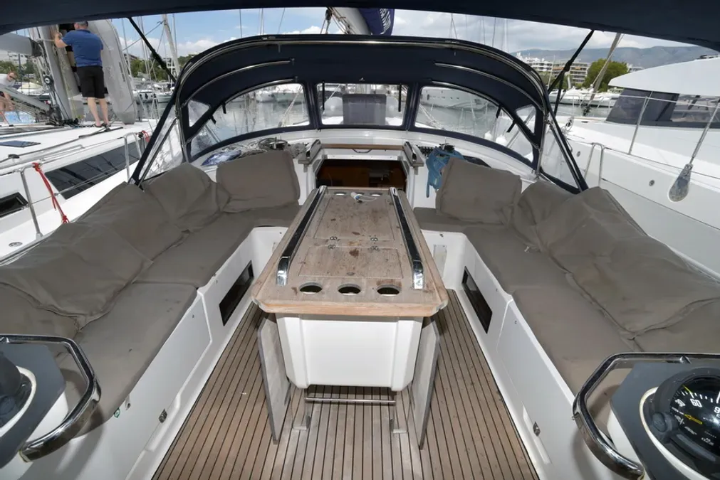 Cockpit of Agamemnon, a Bavaria Cruiser 56 sailboat at Kavala, Greece