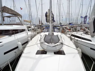 Deck of Agamemnon, a Bavaria Cruiser 56 sailboat at Kavala, Greece