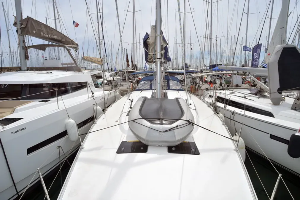 Deck of Agamemnon, a Bavaria Cruiser 56 sailboat at Kavala, Greece