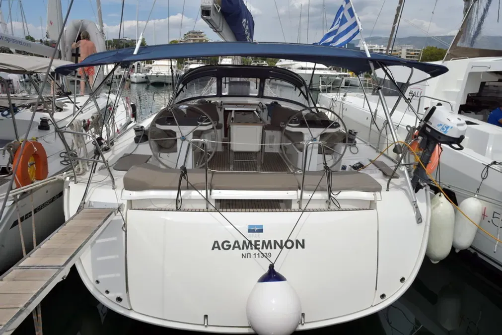 Exterior view of Agamemnon, a Bavaria Cruiser 56 sailboat at Kavala, Greece