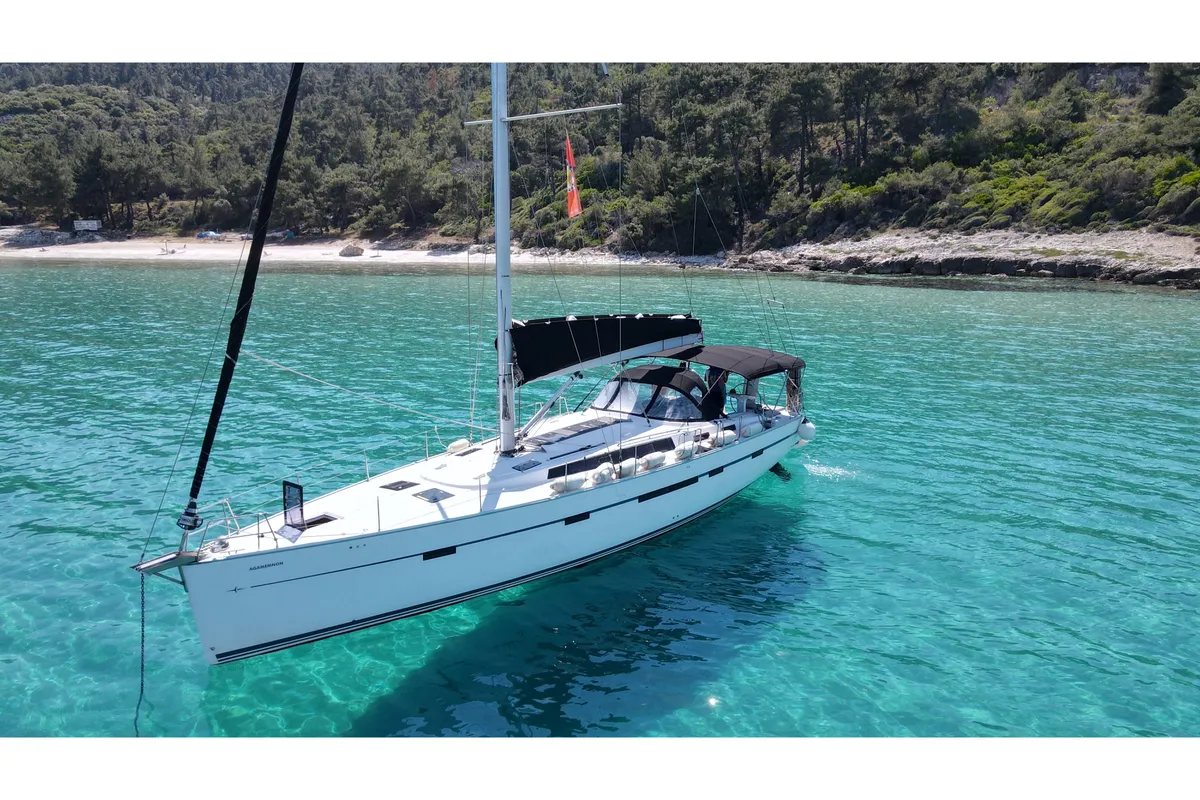 Exterior view of Agamemnon, a Bavaria Cruiser 56 sailboat at Kavala, Greece