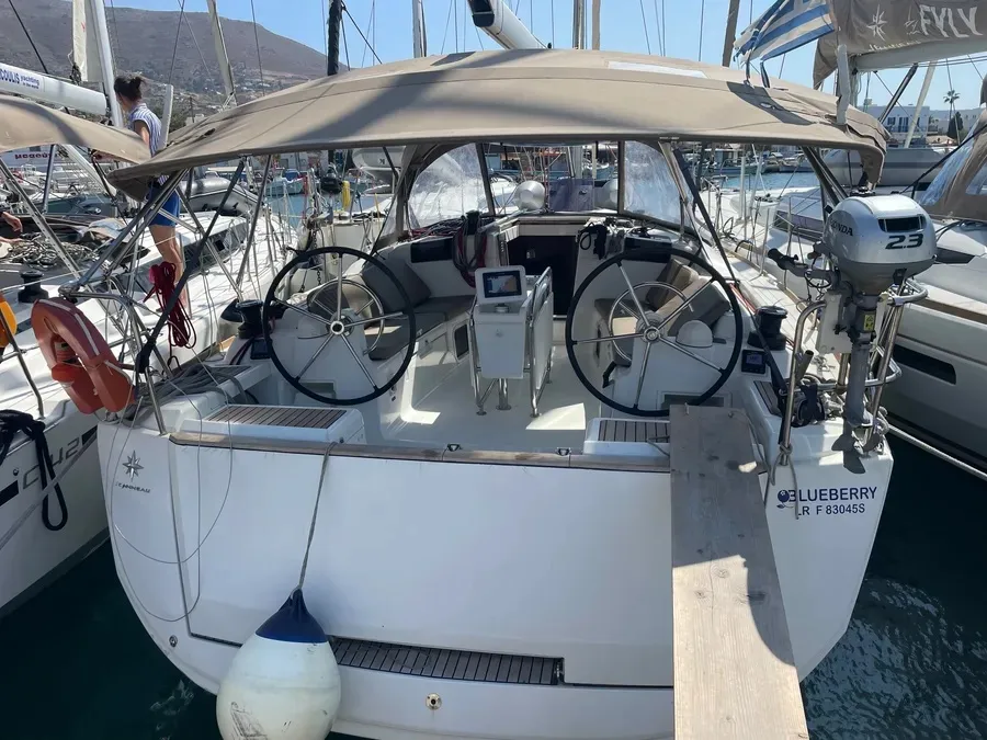 Cockpit of Blueberry, a Jeanneau Sun Odyssey 419 sailboat at Parikia, Greece