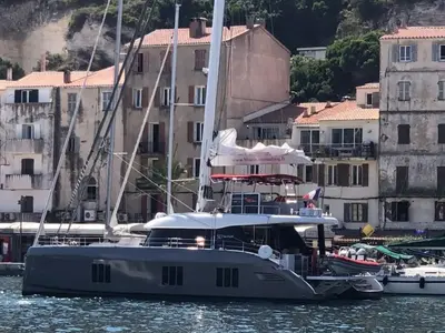 Exterior view of Liberta, a Sunreef 50 catamaran at Alameda, United States