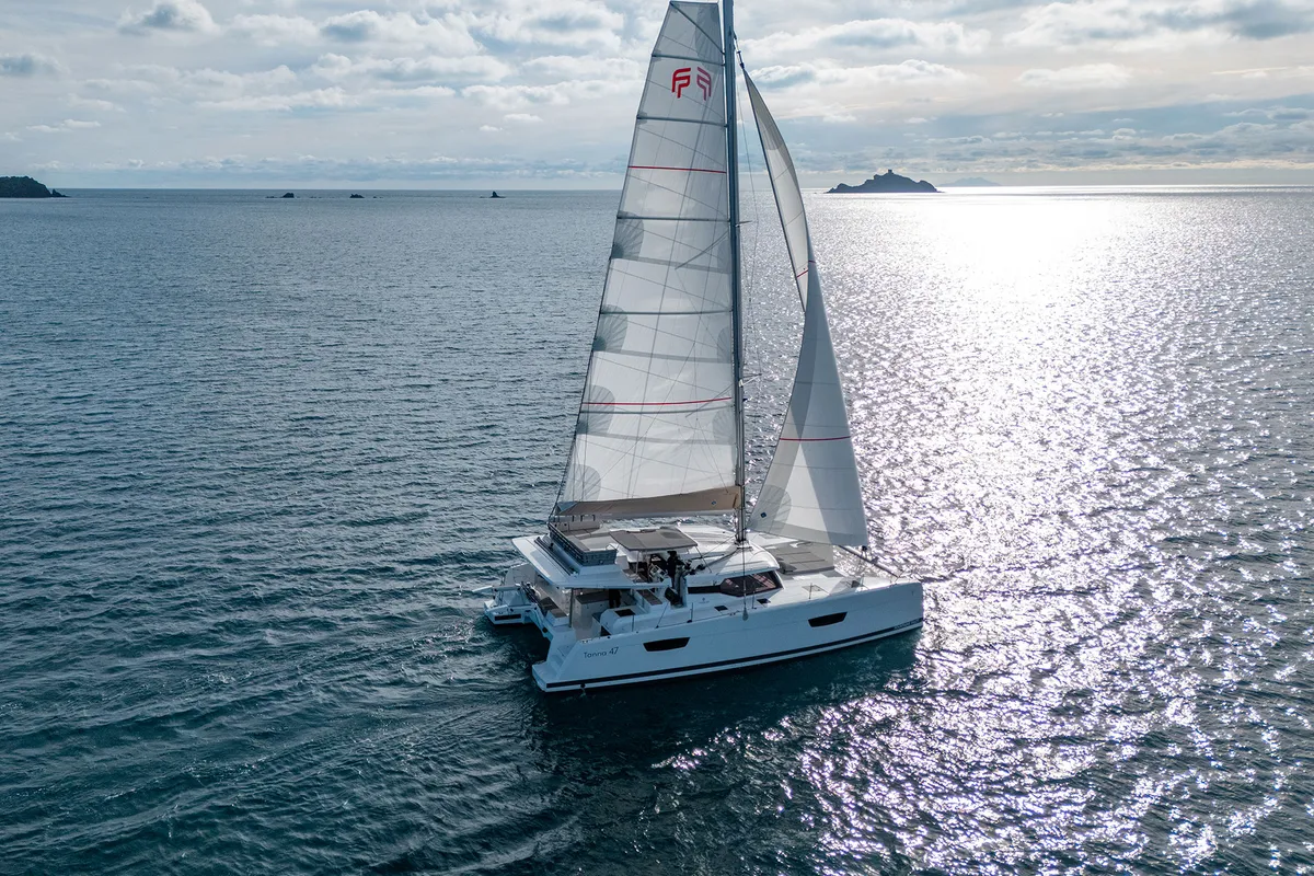 Exterior view of Fountaine Pajot Tanna 47, a catamaran at Castellammare di Stabia, Italy