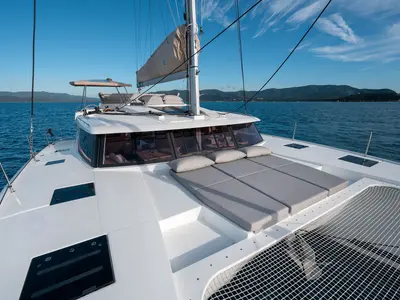 Deck of Fountaine Pajot Tanna 47, a catamaran at Castellammare di Stabia, Italy