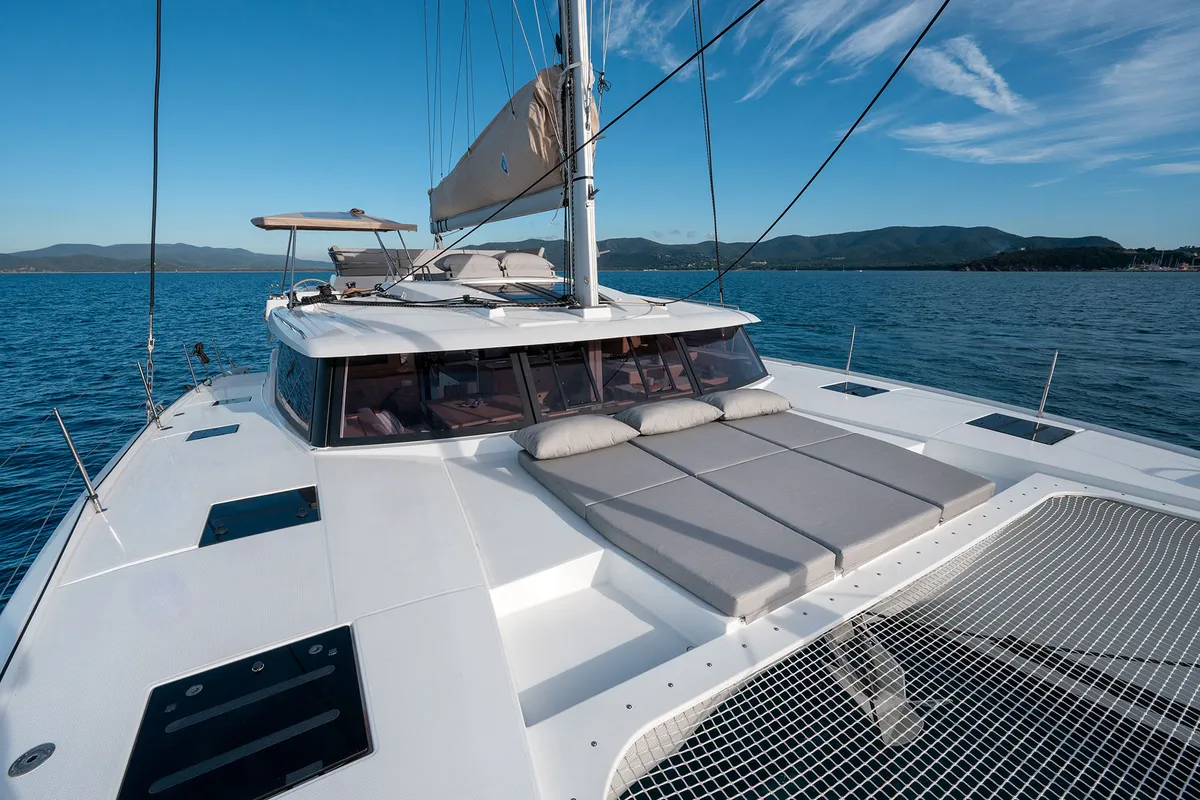 Deck of Fountaine Pajot Tanna 47, a catamaran at Castellammare di Stabia, Italy