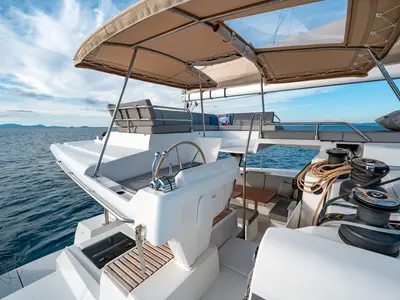 Cockpit of Fountaine Pajot Tanna 47, a catamaran at Castellammare di Stabia, Italy