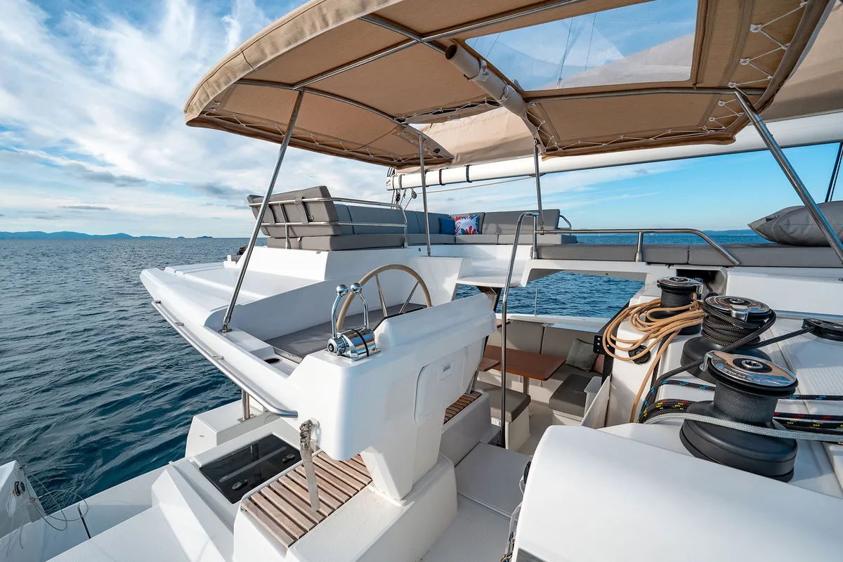 Cockpit of Fountaine Pajot Tanna 47, a catamaran at Castellammare di Stabia, Italy
