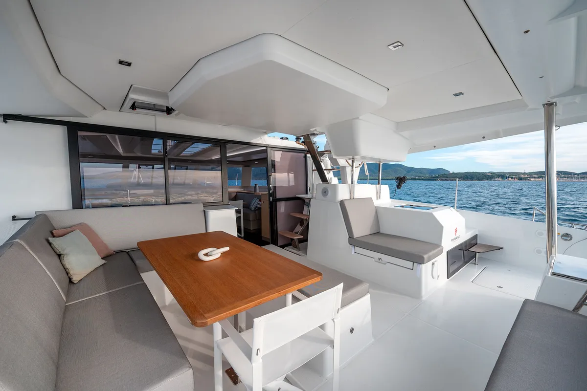 Deck of Fountaine Pajot Tanna 47, a catamaran at Castellammare di Stabia, Italy