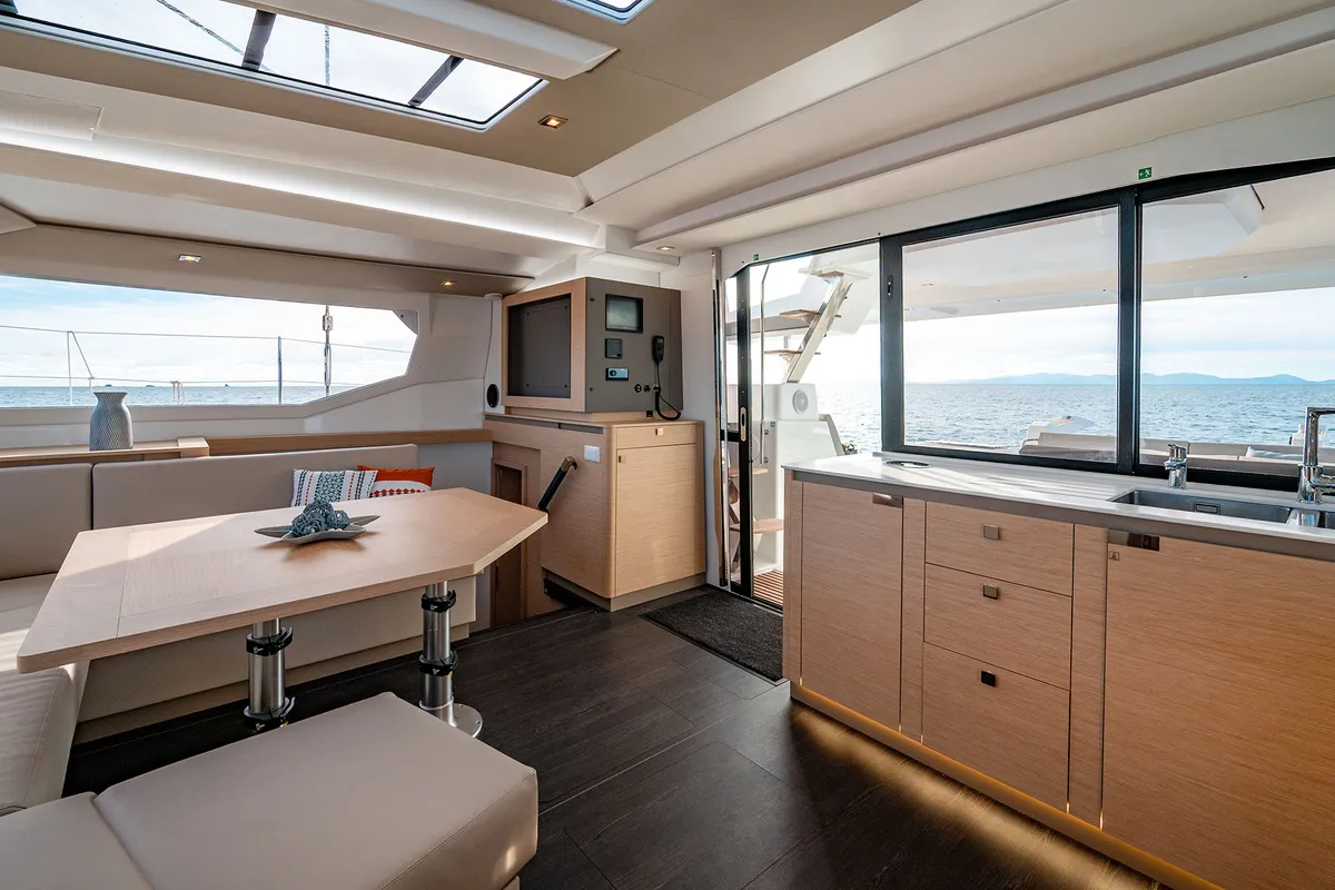 Salon of Fountaine Pajot Tanna 47, a catamaran at Castellammare di Stabia, Italy