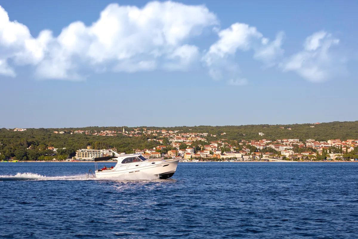 Exterior view of Gaja, a SAS - Vektor Adriana 36 motorboat at Novi Vinodolski, Croatia
