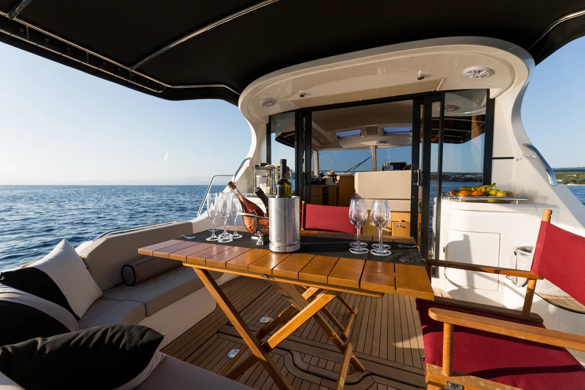 Deck of Gaja, a SAS - Vektor Adriana 36 motorboat at Novi Vinodolski, Croatia