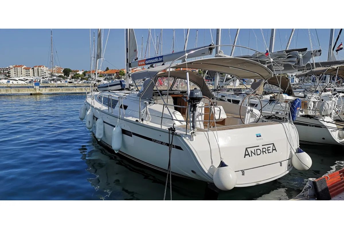 Exterior view of Andrea, a Bavaria Cruiser 46 sailboat at Pirovac, Croatia