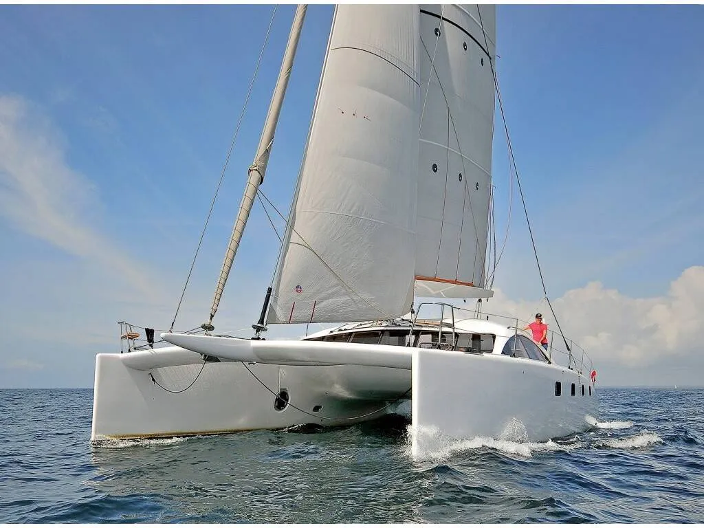 Exterior view of Aonyx, a Gulet x-reuse catamaran at Ribishi, Saint Vincent and the Grenadines