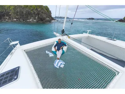 Deck of Aonyx, a Gulet x-reuse catamaran at Ribishi, Saint Vincent and the Grenadines