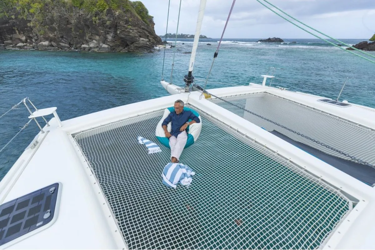 Deck of Aonyx, a Gulet x-reuse catamaran at Ribishi, Saint Vincent and the Grenadines