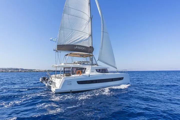 Exterior view of Aria, a Bali 4.6 catamaran at Municipal Unit of Lefkada, Greece