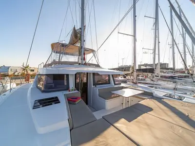Deck of Aria, a Bali 4.6 catamaran at Municipal Unit of Lefkada, Greece