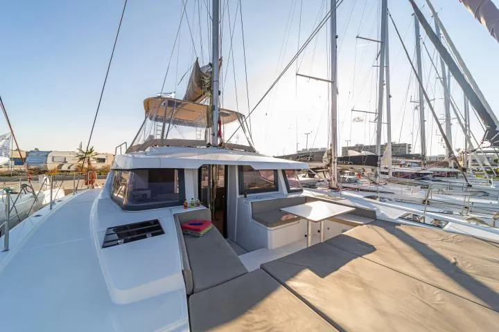 Deck of Aria, a Bali 4.6 catamaran at Municipal Unit of Lefkada, Greece