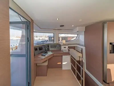 Cockpit of Aria, a Bali 4.6 catamaran at Municipal Unit of Lefkada, Greece