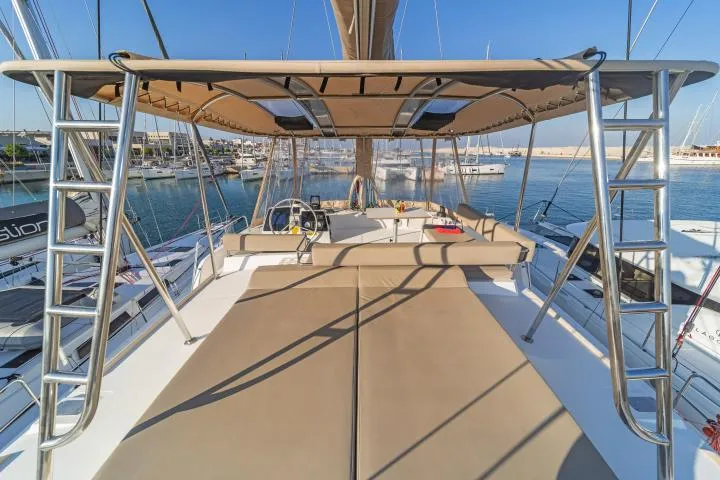 Deck of Aria, a Bali 4.6 catamaran at Municipal Unit of Lefkada, Greece