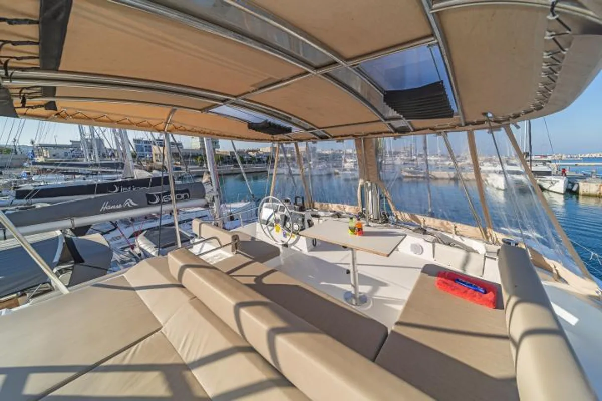 Deck of Aria, a Bali 4.6 catamaran at Municipal Unit of Lefkada, Greece