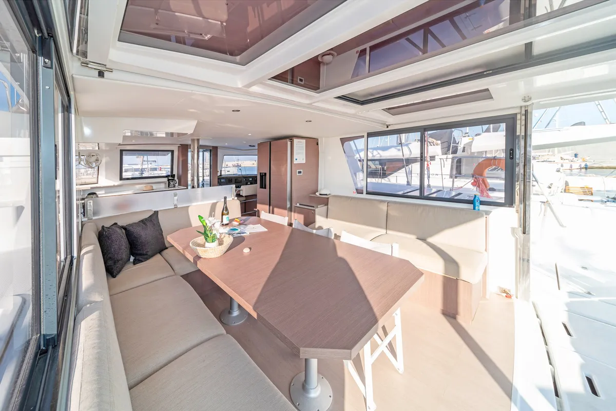 Salon of Aria, a Bali 4.6 catamaran at Municipal Unit of Lefkada, Greece
