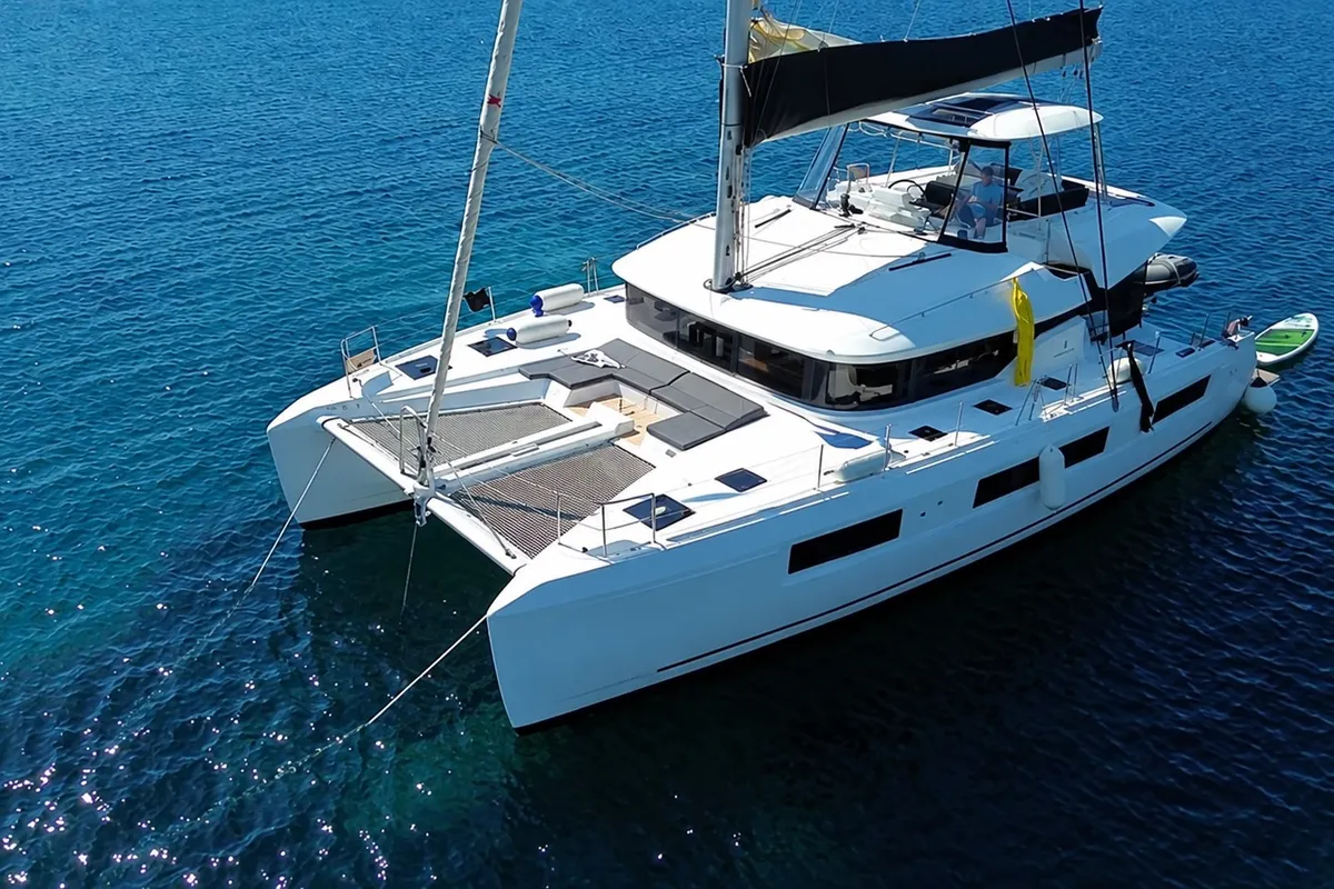 Exterior view of Lagoon 51, a catamaran at Lavrion, Greece