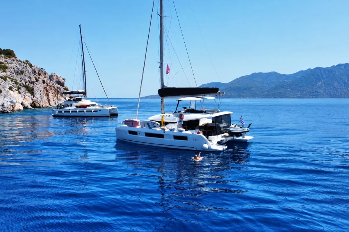 Exterior view of Lagoon 51, a catamaran at Lavrion, Greece