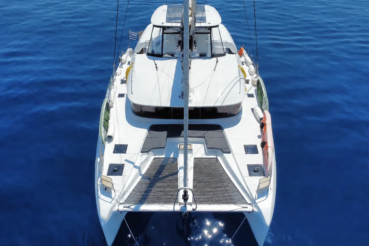 Exterior view of Lagoon 51, a catamaran at Lavrion, Greece