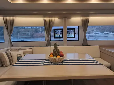 Salon of Lagoon 51, a catamaran at Lavrion, Greece