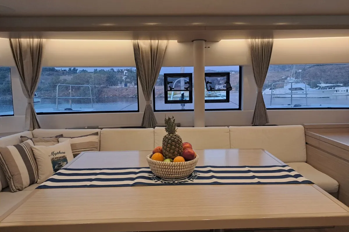 Salon of Lagoon 51, a catamaran at Lavrion, Greece