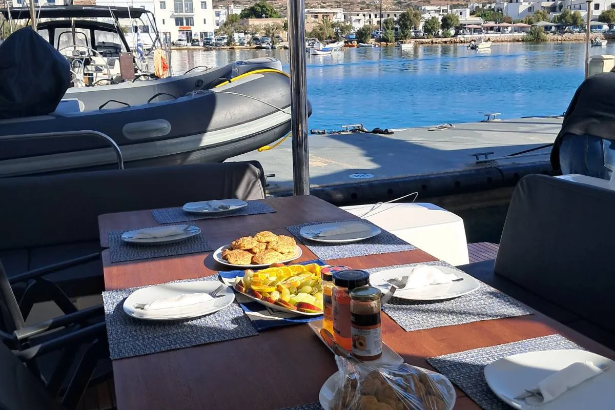 Deck of Lagoon 51, a catamaran at Lavrion, Greece