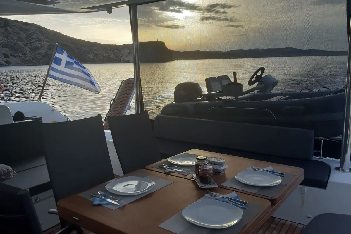 Deck of Lagoon 51, a catamaran at Lavrion, Greece