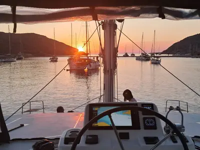 Cockpit of Lagoon 51, a catamaran at Lavrion, Greece