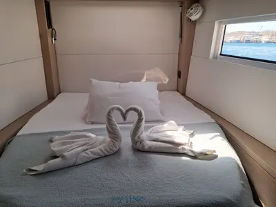 Cabin on Lagoon 51, a catamaran at Lavrion, Greece
