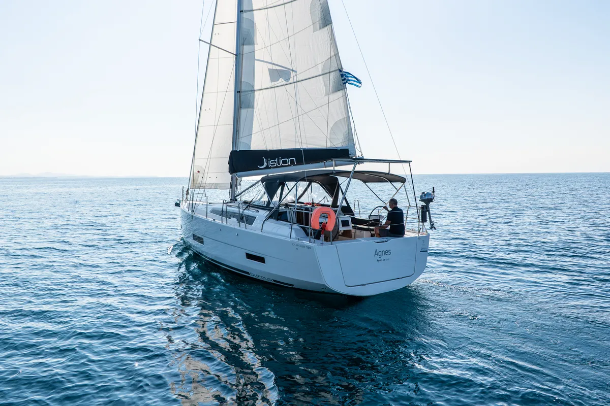 Exterior view of Agnes, a Dufour 390 sailboat at Kos, Greece