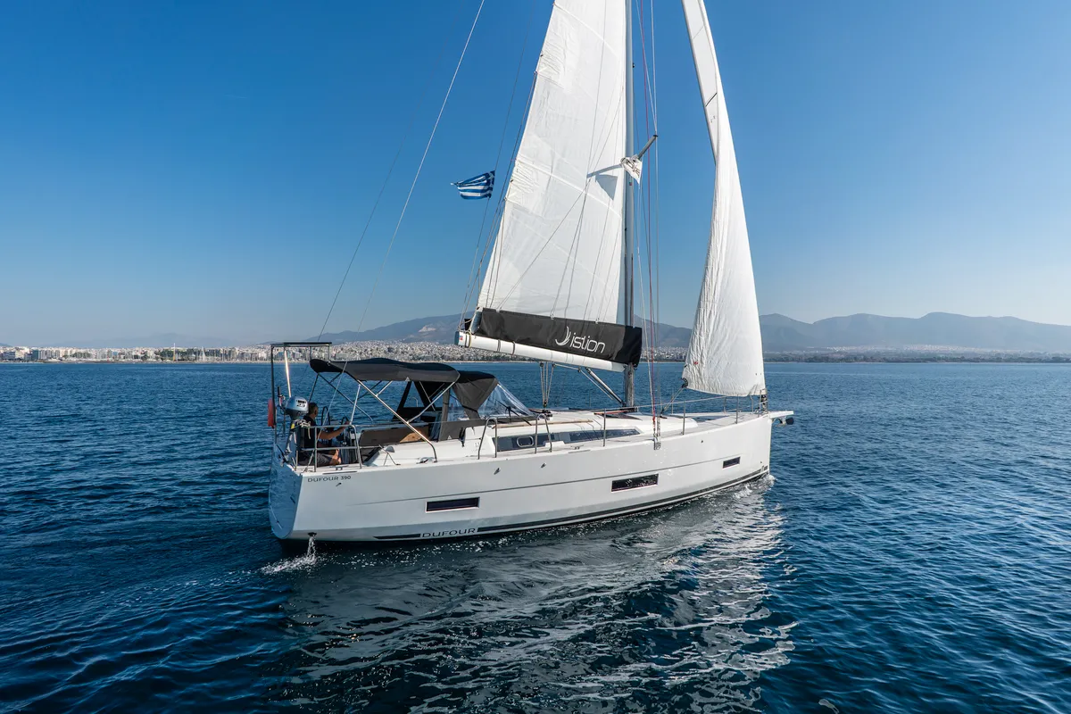 Exterior view of Agnes, a Dufour 390 sailboat at Kos, Greece