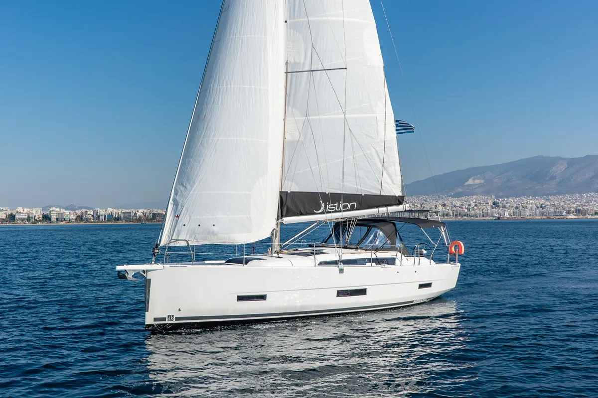 Exterior view of Agnes, a Dufour 390 sailboat at Kos, Greece