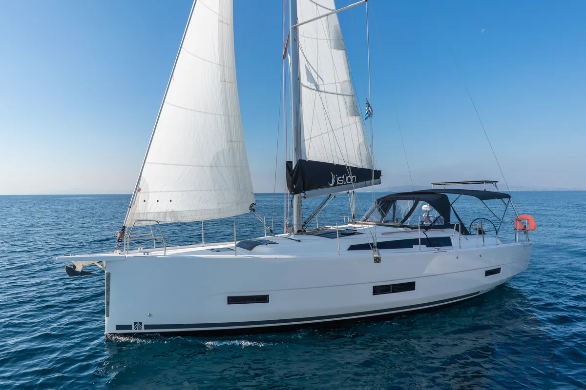 Exterior view of Agnes, a Dufour 390 sailboat at Kos, Greece