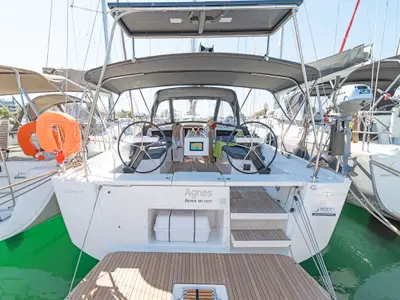 Cockpit of Agnes, a Dufour 390 sailboat at Kos, Greece