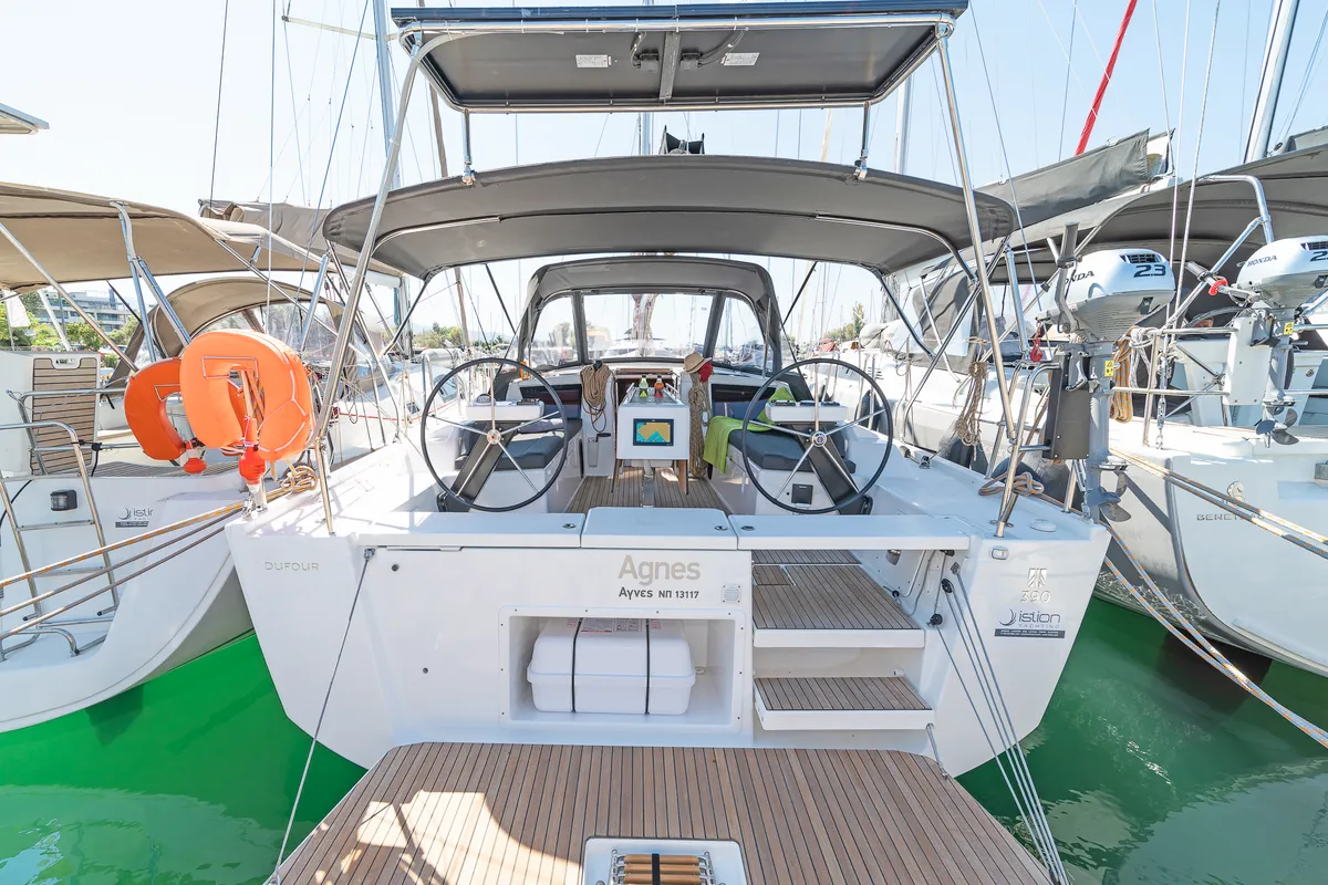 Cockpit of Agnes, a Dufour 390 sailboat at Kos, Greece