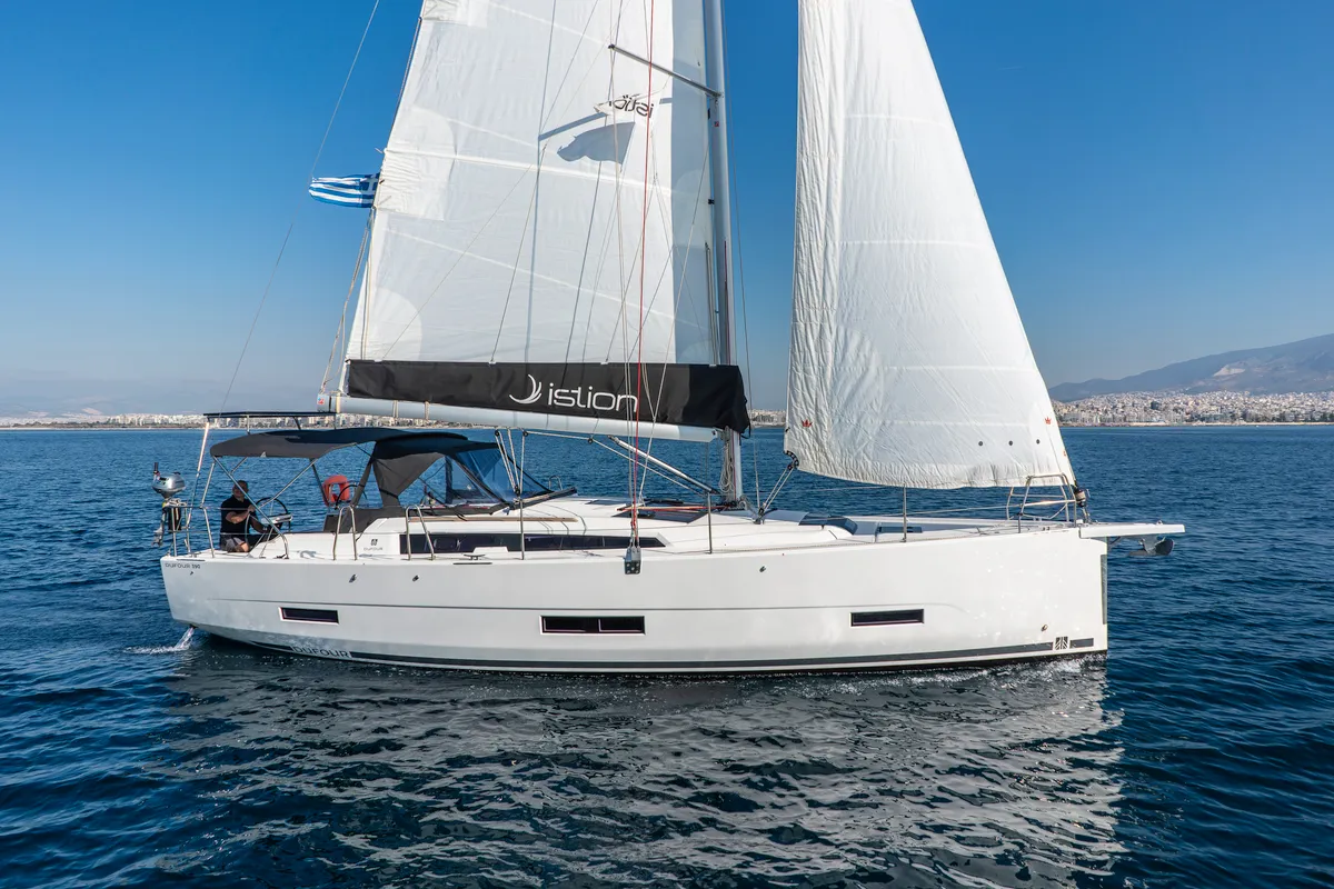Exterior view of Agnes, a Dufour 390 sailboat at Kos, Greece