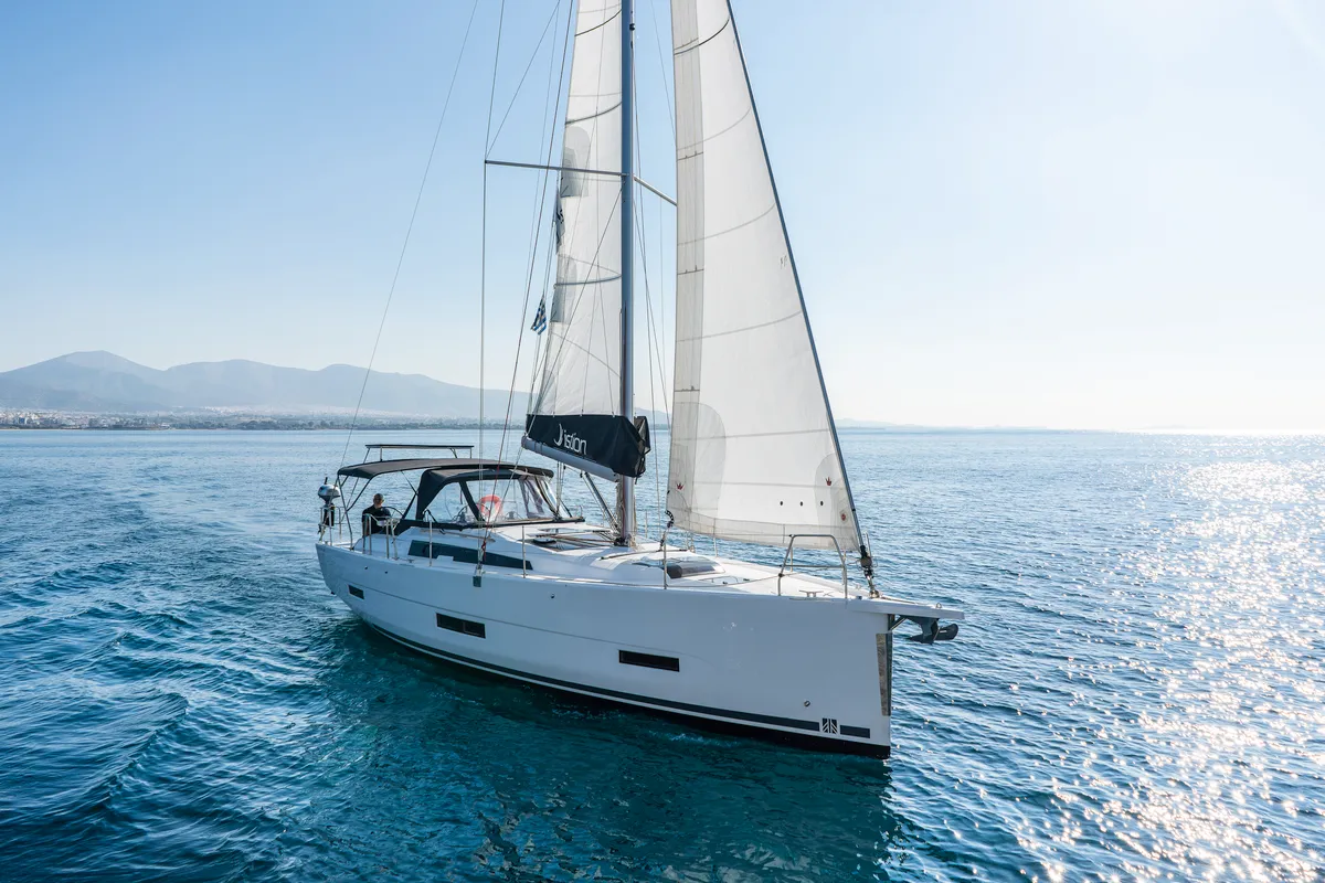 Exterior view of Agnes, a Dufour 390 sailboat at Kos, Greece