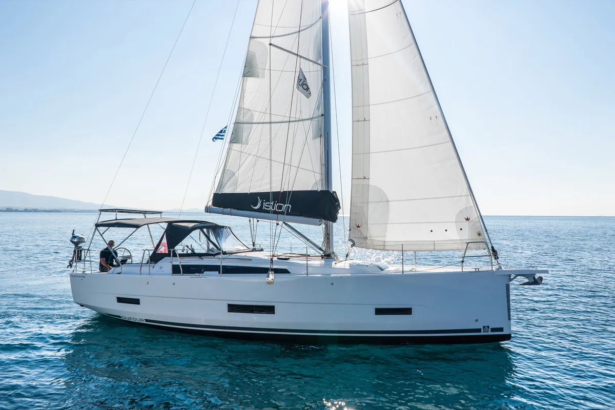 Exterior view of Agnes, a Dufour 390 sailboat at Kos, Greece