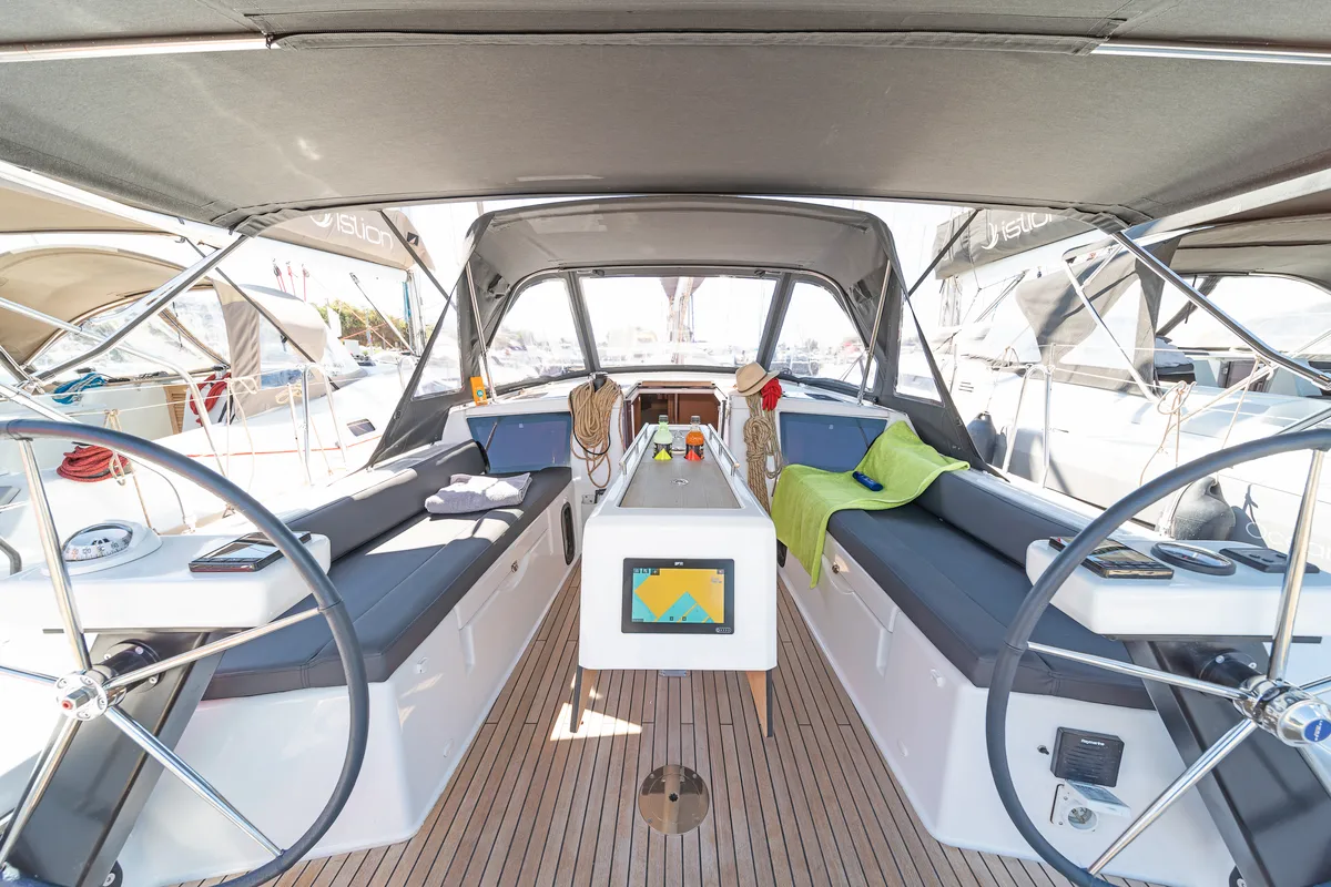 Cockpit of Agnes, a Dufour 390 sailboat at Kos, Greece