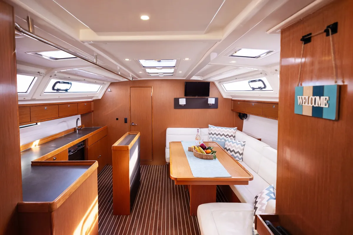 Salon of Aquilo, a Bavaria Cruiser 46 sailboat at Preveza, Greece