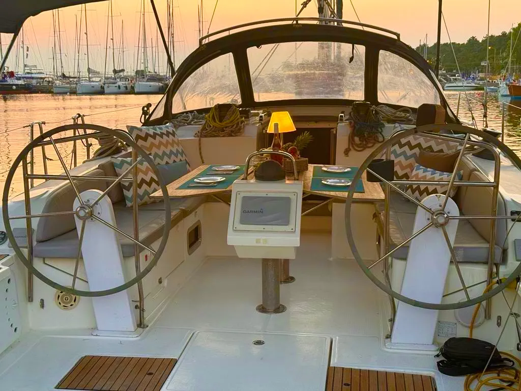 Cockpit of Aquilo, a Bavaria Cruiser 46 sailboat at Preveza, Greece