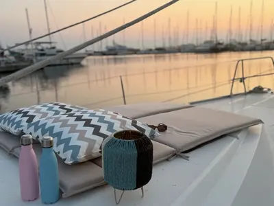 Deck of Aquilo, a Bavaria Cruiser 46 sailboat at Preveza, Greece